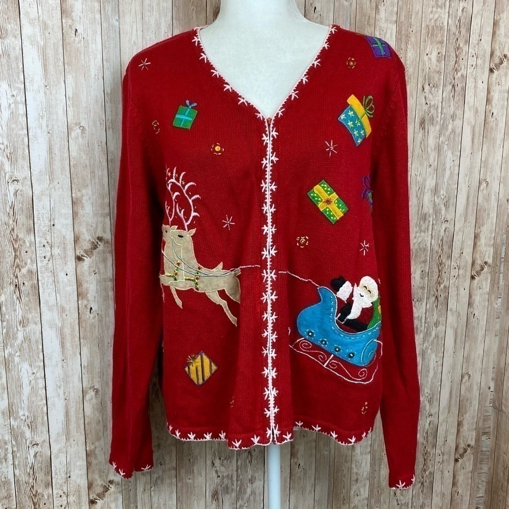 Jason Maxwell Vintage Zip Front Embellished Christmas Ugly Sweater Size Medium